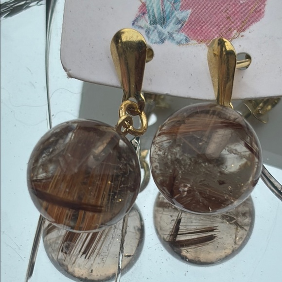 Jewelry - Gold Rutilated smoky Quartz pierced earings